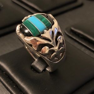 925 Sterling Silver Tri Gemstone Men Ring NEW